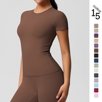 T-shirt moulant à manches courtes en Spandex/Nylon brossé double face, couleur unie, respirant, transfrontalier, en stock pour femme