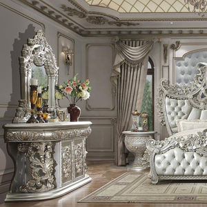 سرير ملكي فاخر بحجم كبير على الطراز الأوروبي من الجلد الأصلي مع خشب منحوت قابل للإمالة أثاث منزلي كلاسيكي عتيق لغرفة النوم - Product Image 3