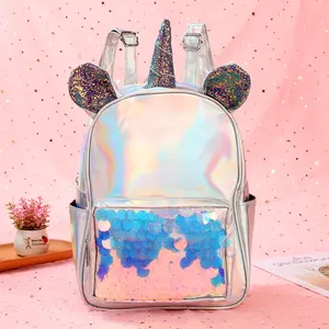 Mochila de cuero con diseño de unicornio para mujer, morral de viaje con lentejuelas de sirena transparente, para estudiantes y adolescentes