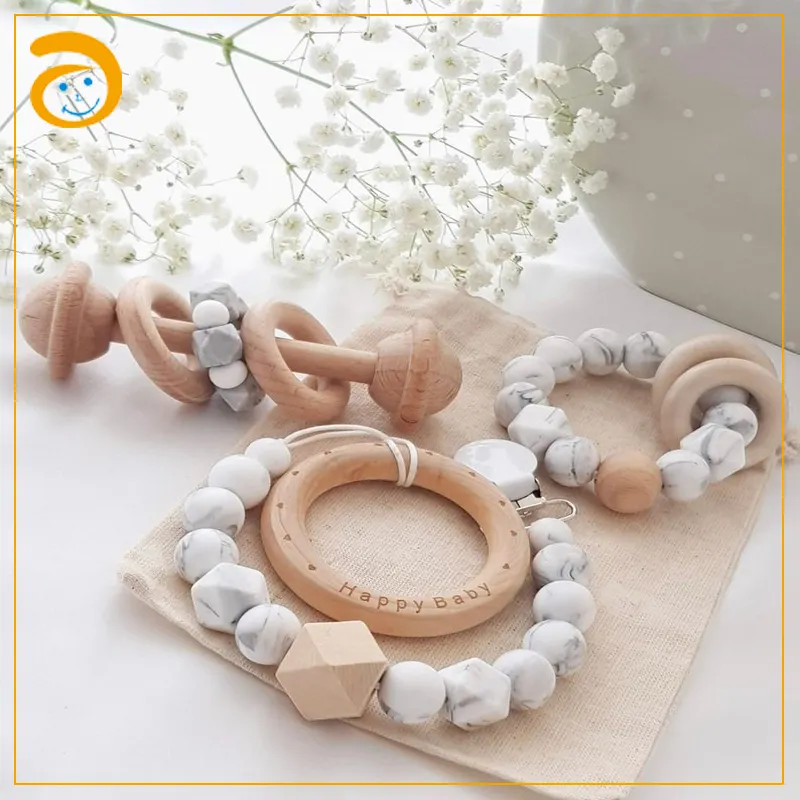 Mordedor de cuentas para bebé, juguete sensorial, pulsera de silicona para morder, sonajero de madera para dentición, regalo para recién nacido