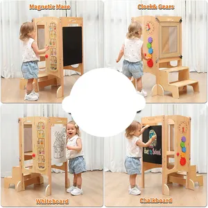 Taburete de cocina plegable para niños pequeños con taburete de 2 escalones Taburete de madera para niños pequeños con red de seguridad Juegos de actividades Montessori