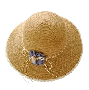 Ladies hat foldable beach hat Paper straw hat with flower on side