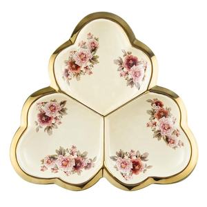 Plato de servicio floral de porcelana dorada con plato de <span class=keywords><strong>3</strong></span> compartimentos Bandeja de aperitivo única <span class=keywords><strong>para</strong></span> fiesta <span class=keywords><strong>para</strong></span> servir frutas dulces nueces - Product Image 1