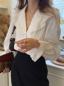 <span class=keywords><strong>Blusa</strong></span> elegante de mujer con ojales de <span class=keywords><strong>encaje</strong></span> blanco y mangas farol con cuello de <span class=keywords><strong>encaje</strong></span> personalizado de gran oferta - Product Image 3