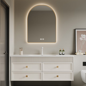 French-style Cream-Toned Ceramic One-Piece Basin with Smart Lighting <b>Mirror</b> <b>Wall</b>-Mounted Bathroom Vanity - Product Image 1