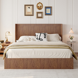 Grande plateforme <span class=keywords><strong>de</strong></span> <span class=keywords><strong>lit</strong></span> contemporaine à rainures ondulées avec rangement intégré, <span class=keywords><strong>en</strong></span> <span class=keywords><strong>bois</strong></span> naturel, taille King, sans sommier à ressorts - Product Image 1