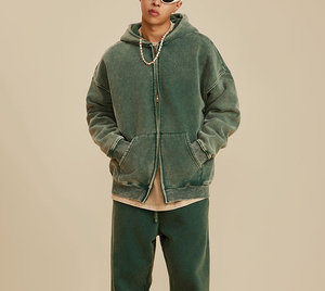 Forro polar de algodón pesado para hombre, lavado con ácido, de gran tamaño, con cremallera en el hombro, sudaderas con capucha, chaqueta con cremallera, ropa de calle con logotipo personalizado para hombres - Product Image 6