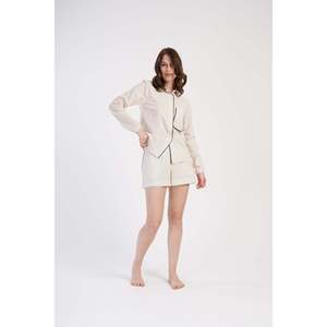 Chemise en lin pour femme, col entièrement boutonné, manches longues, poches, ensemble court - Crème - Crème - Product Image 4