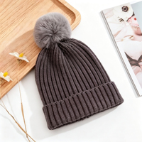 Bonnet d'hiver en fausse fourrure avec pompon, couleur unie, rayures verticales, tricoté, chaud, style bonnet à revers, pour usage quotidien en extérieur, fournisseur de bonnets