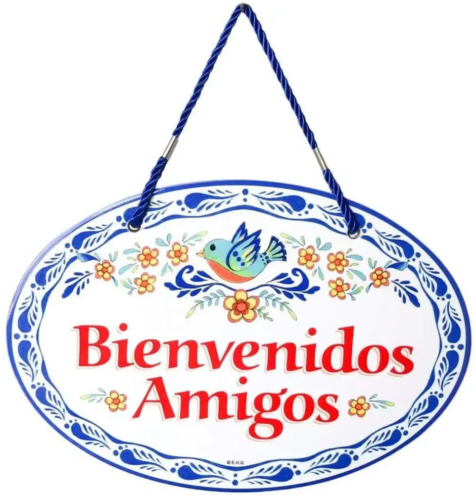 세라믹 문 선물 본질 유럽 선물 E.H.G Bienvenidos Amigos Latino 전통적인 스페인 삽화 환영 친구 11x8 인치