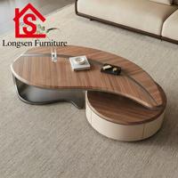 Ensemble de table basse moderne avec plateau en marbre, structure en métal et tiroirs, design en panneaux de bois pour salon et bureau à domicile