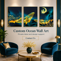Art mural en verre cristal Baleine Dorée, trois panneaux, scène océanique pour salon, hôtel, salle de séjour, chambre d'enfant, intérieurs côtiers