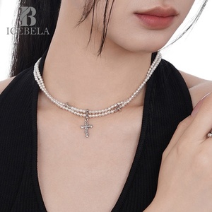 ICEBELA Trendy Luxo Coreano Elegante Plata 925 Sterling <span class=keywords><strong>Silver</strong></span> Chic Dupla Camada Pérola Cadeia Pingente Cruz Colares para As Mulheres - Product Image 5