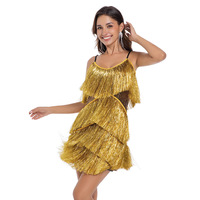 Robe de danse latine pour femme, style européen et américain, tendance 2025, pour soirée, spectacle, avec paillettes, bretelles spaghetti, taille naturelle