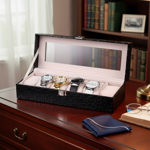 Caja de reloj de cuero negro de cocodrilo Estuche elegante de 6 posiciones para almacenamiento de relojes y presentación de regalos - Product Image 3