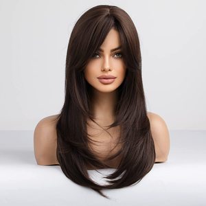 Gran oferta, pelucas sintéticas europeas americanas de 24 pulgadas, flequillo de ocho figuras, pelucas de ondas rectas sedosas en capas para cabello de mujer - Product Image 1