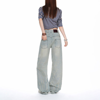 Jean en denim bleu clair, marque américaine tendance, avec patchs cousus, délavé et effet vieilli, coupe droite, pour hommes et femmes