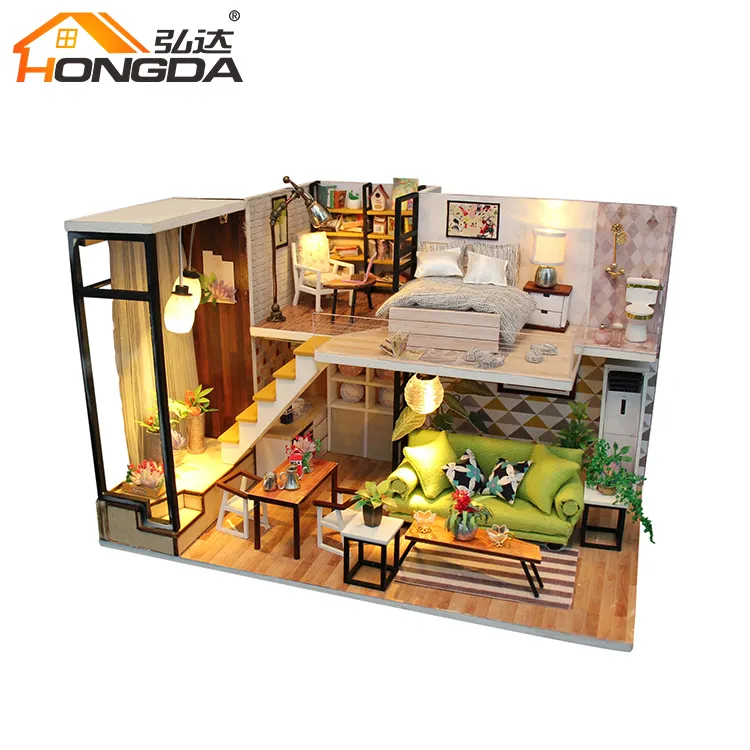 Hongda diy artesanal com luz e móveis casa de bonecas inusual decoração casa miniatura casa moderna