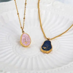 Tarnish Free Gold Plated Stainless Steel Vintage Enamel Pink Blue Hug Woman Man Love Heart Pendant Necklaces Couple Jewelry Gift