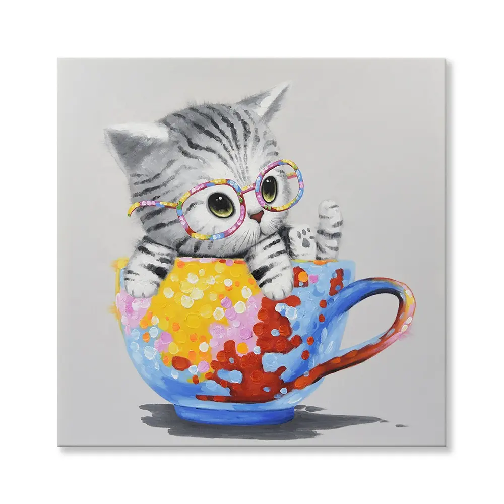Bunte Katze Hand-Gemalt Malerei Tiere Kunstwerk Nette Kitty Bild Gestreckt Rahmen