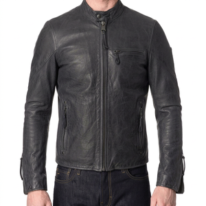 Veste en cuir véritable pour homme, fermeture éclair sur le devant, col montant, manches longues, vêtements d'extérieur décontractés et tendance - Product Image 1