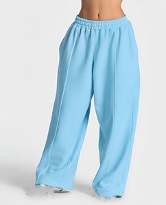 Pantalones anchos de cintura alta azul claro personalizados para mujer, ajuste relajado, cintura elástica, bolsillos laterales, pantalones de uso diario, ropa al por mayor - Product Image 1