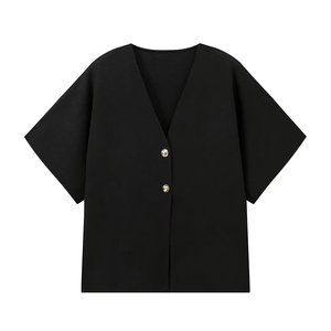 เสื้อถักคอวีแขนสั้นผู้หญิง แฟชั่นเสื้อคอวีสีพื้น - Product Image 3