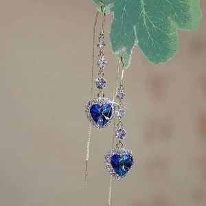 Nouvelles boucles d'oreilles pendantes en zircon bleu en forme de cœur pour femmes, style luxe léger, avec longues pampilles, bijoux de mariage et de fête pour dames - Product Image 4