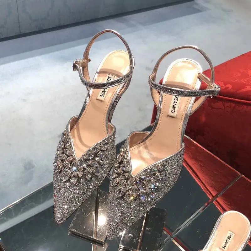 Hand-sewn shoes 2022 spring and summer new silver beaded toe rhinestone pointed toe high heels stiletto sandals women's pumps