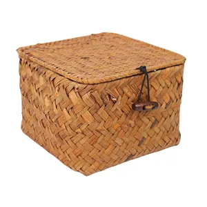 Wholesale Rectangular Rattan Storage Baskets with Lid Seagrass DIY Hamper Gift Straw Basket Woven Woven Basket with Seagrass Lid