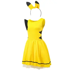 Jubah Poke Cosplay rok Anime, pakaian lucu Pikachu kuning ikat rambut gaun pendek