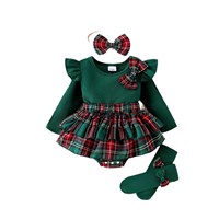 Nouvel arrivage : Ensemble de Noël doux pour bébé, robe barboteuse en coton à manches longues avec nœud, bandeau et chaussettes, collection automne/hiver