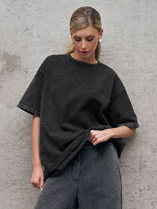 T-shirt d'été en coton tricoté à manches courtes, délavé, col rond, style streetwear, décontracté, ample, simple, couleur unie, doux pour femme - Product Image 5