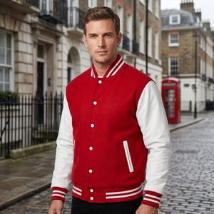 Veste universitaire bicolore rouge et blanc avec bordure contrastée et fermeture à boutons - Product Image 1
