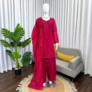 <b>Red</b> Silk Patiala Salwar Suit 3 Piece Set <b>Sequin</b> Embroidered Kurti Pagri Pants Wedding Party Wear - Product Image 1