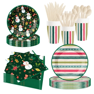 Ensemble de vaisselle de fête personnalisé DAMAI pour Noël, assiettes, gobelets et serviettes en papier à rayures vertes avec impression de bonhomme de neige jetables - Product Image 4