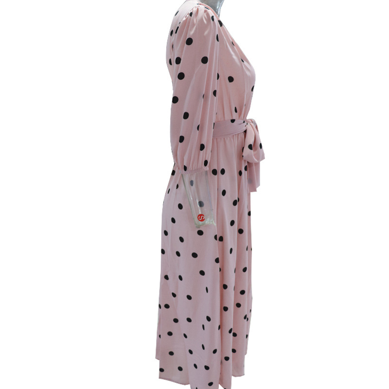 New Arrival Polka Dot Women Wrap Dress Elegant Puff Sleeve A Line V Neck Party Dresses Work Wear Streetwear Retro Maxi Dress