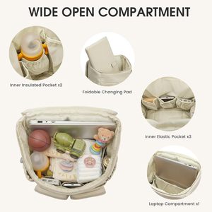 Sac à dos pour couches pour mamans et papas, sac de voyage pour bébé avec étui pour sucette et poches isothermes, beige - Product Image 4