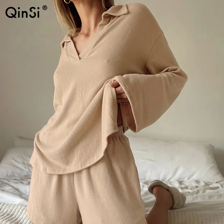 QINSI ensemble de vêtements de nuit pour femmes à manches longues tricoté kaki nouvelles femmes pyjamas col rabattu lâche col en v ensembles de pyjama