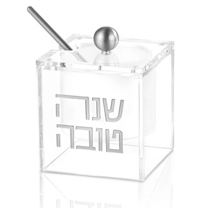 Pot à miel en acrylique Judaica avec cuillère à miel, décor hébreu <span class=keywords><strong>Shana</strong></span> Tova, récipient à miel pour cadeau de Rosh Hashanah - Product Image 2