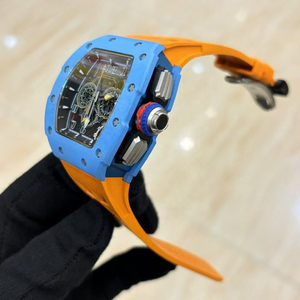 Montre mécanique squelette automatique chronographe à secondes partagées style Tonneau en fibre de carbone, bracelet en caoutchouc, modèle Blue Orange RM 65-01 - Product Image 3