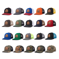 Gorra de béisbol tipo trucker de malla con cierre a presión, 6 paneles, camuflaje, parche de cuero con logo, personalizada para hombre, fabricante BSCI.