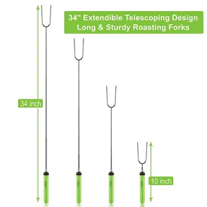 Varas telescópicas para churrasco, garfos de aço inoxidável 304 para acampamento, varas de teto