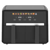 Freidora de Aire de Doble Cesta con Temperatura Ajustable, 9L, 10 Programas Preestablecidos, Diseño Cuadrado Moderno, Patas Antideslizantes, Acero Inoxidable SS304, para el Hogar