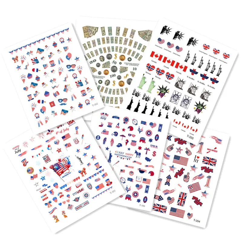 Set 6 buah stiker kuku elemen Amerika stiker decal bendera nasional DIY dekorasi stiker kuku