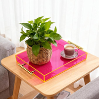 Plateau en acrylique rose holographique lumineux avec poignées, grand plateau de service