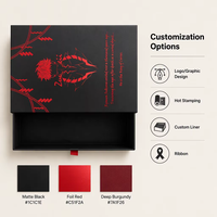 Boîte rigide noire personnalisée avec estampage à chaud rouge, ruban et languette de tirage, emballage vide pour épingles, badges, bijoux, boîte cadeau, vente en gros
