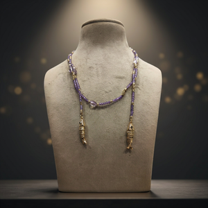 Sstringz Lavender Purple Crystal Beaded Lariat <b>Necklace</b> with Gold Fish Charms, Handmade Boho Fashion <b>Statement</b> Jewelry for Women - Product Image 6