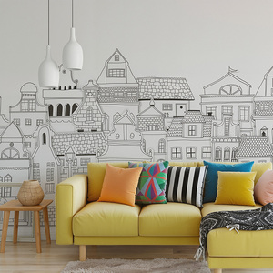 Papier peint mural personnalisé style Art déco noir et blanc, motif ville européenne, <span class=keywords><strong>maison</strong></span> de rue - Product Image 4