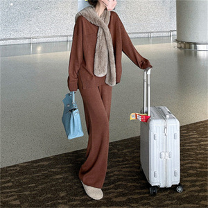 Set sweter lengan panjang leher v wanita, set celana sweater kasmir polos longgar lengan panjang untuk wanita - Product Image 4